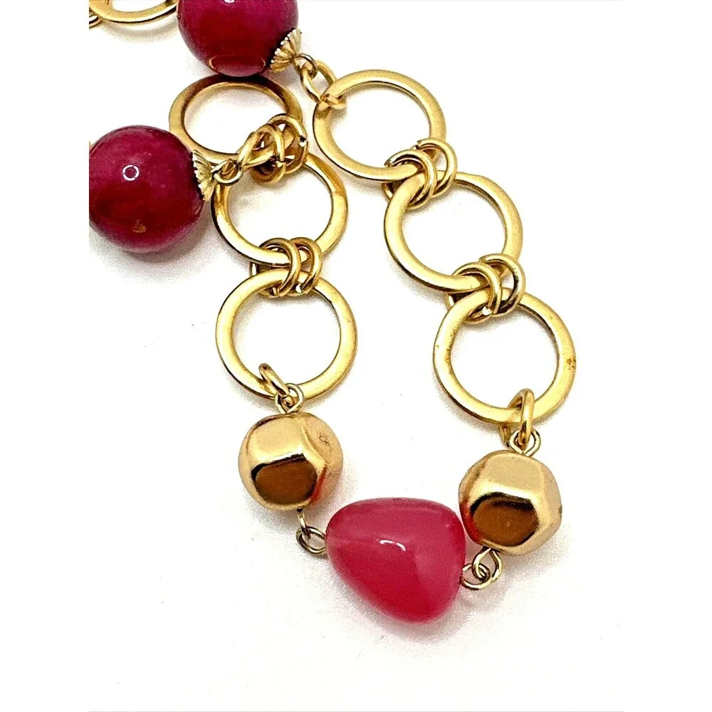 Vintage TALBOTS Station Necklace Pink Stone Glass Bead Gold Tone Link 25